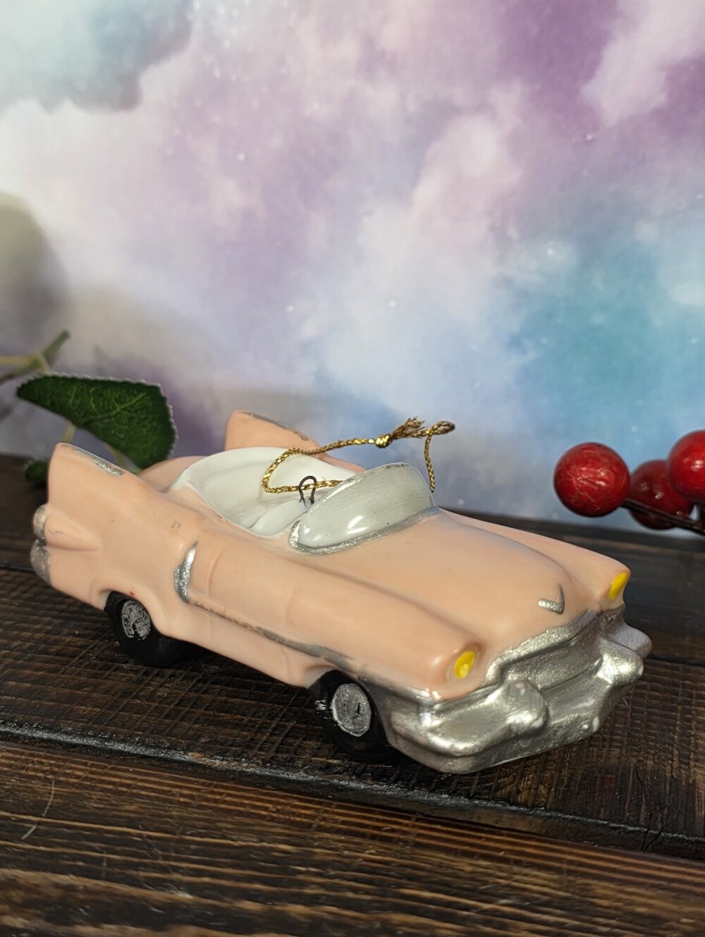 Pink Cadillac Christmas Ornament Silvestri Ceramic Car 4.25"